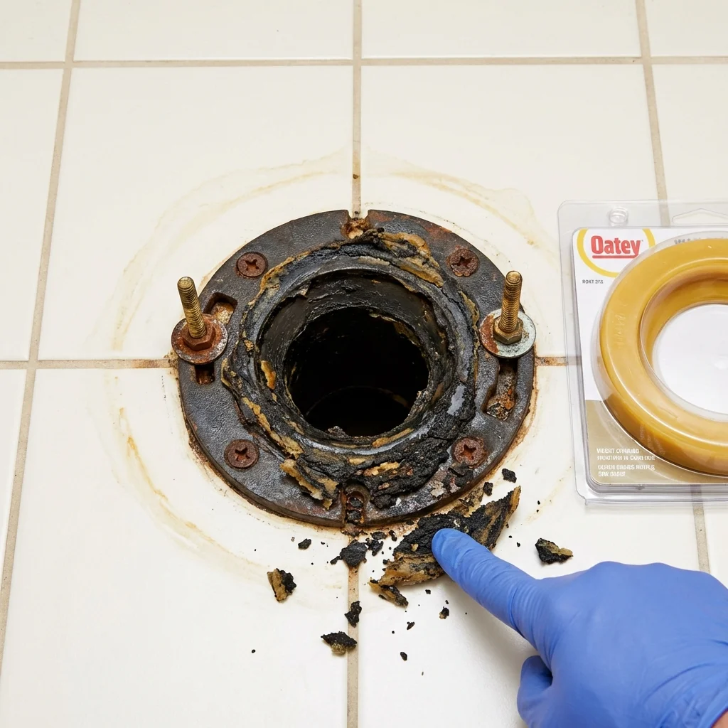 Failed wax ring showing water seepage at the base of a toilet in a Homer, AK home