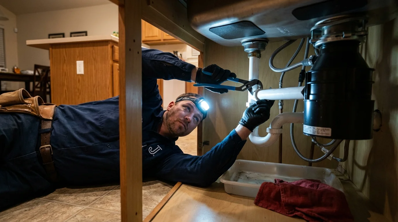 P-trap and supply line connections under a kitchen sink showing a common leak point in Homer, AK